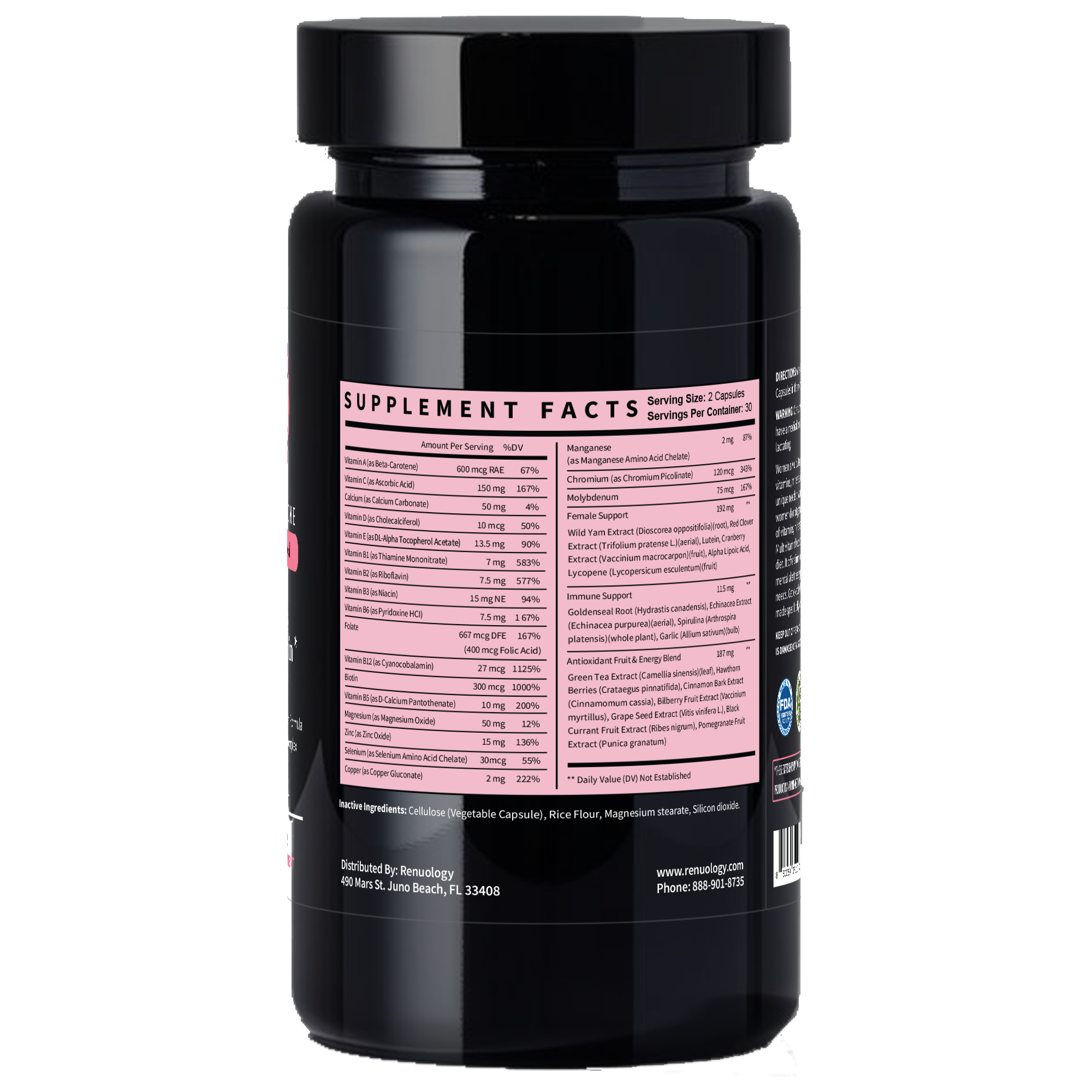 Women's daily multivitamin supplement for immune support, energy, and antioxidant protection. Complete wellness formula for active women