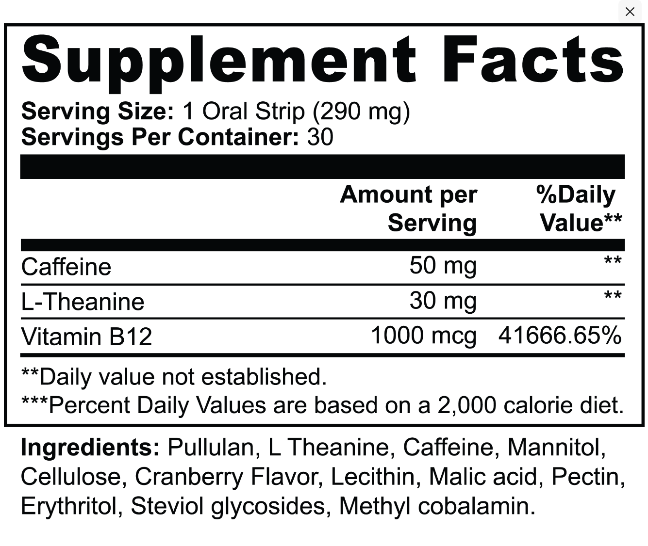 Energy strips for focus and mental clarity supplement facts